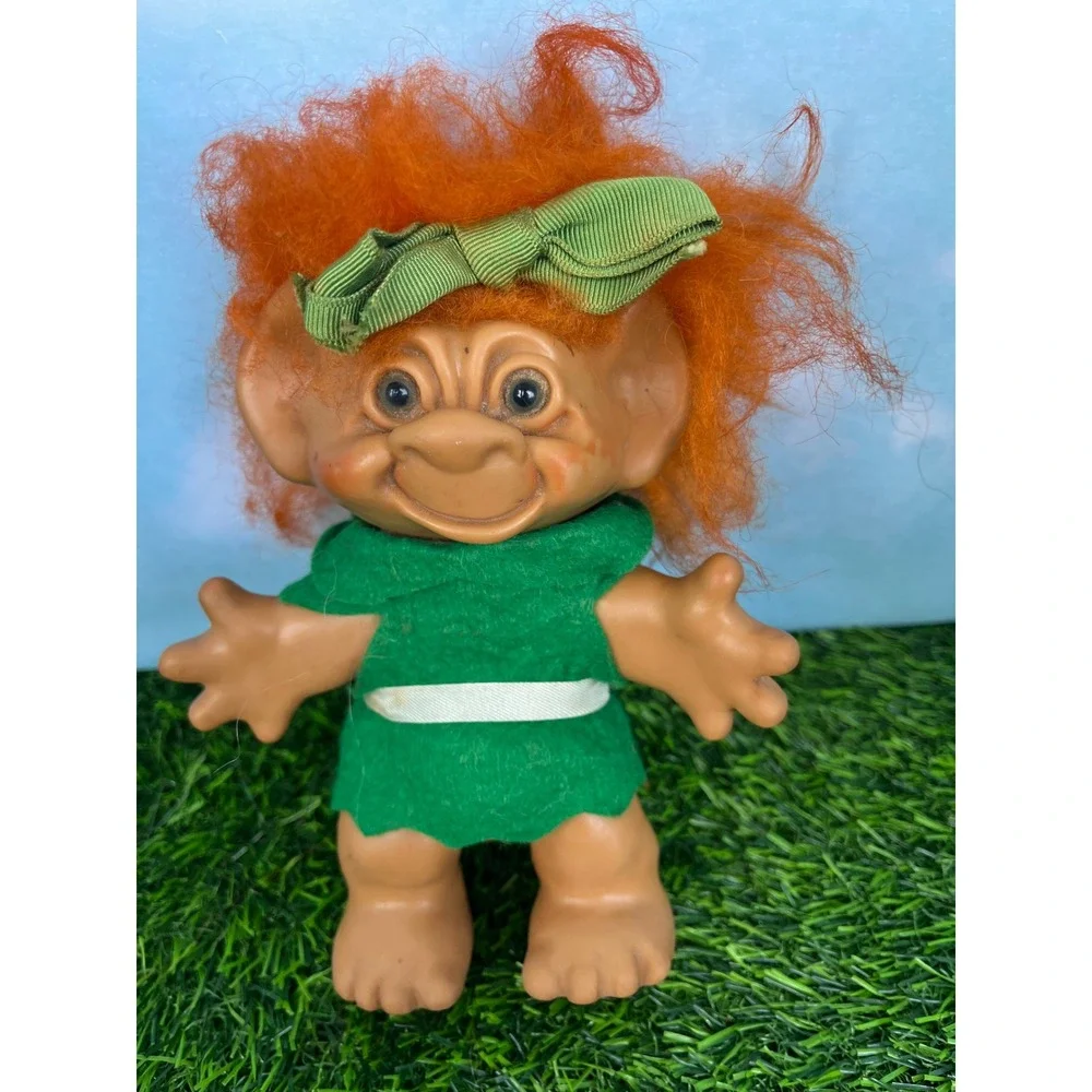 Vintage Wishnik Troll Doll Orange Hair Green Dress Bow Collectible Toy
